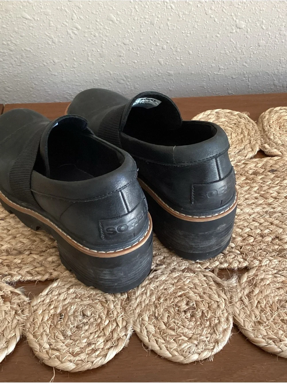 Sorel Black Leather Women’s Slip-On Platform Loafers with Elastic Band